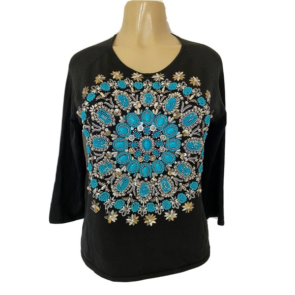 Michael Simon Top Blouse 3/4 Sleeve Round Neck Beaded Mandala Turquoise … - Picture 1 of 5